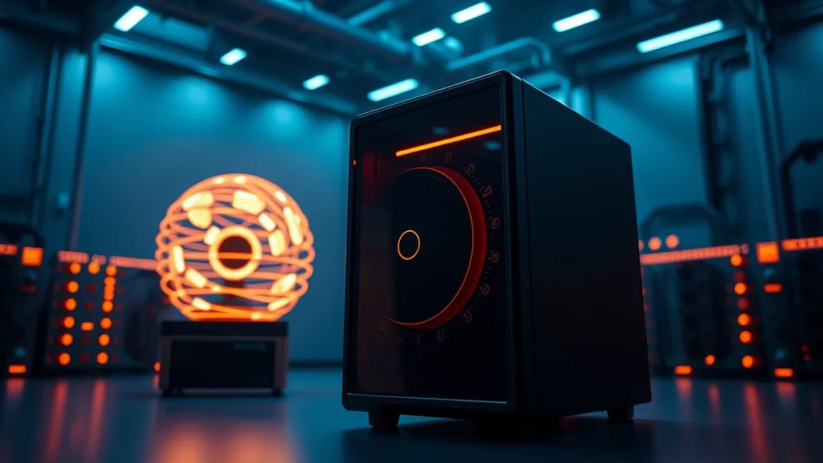 Illustration: A sleek black tower computer hums beside a glowing toroidal fusion reactor.