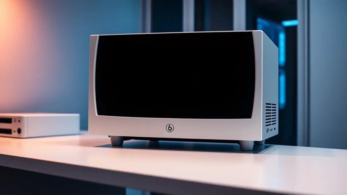 Illustration: A sleek white server unit sits on a clean white desk.