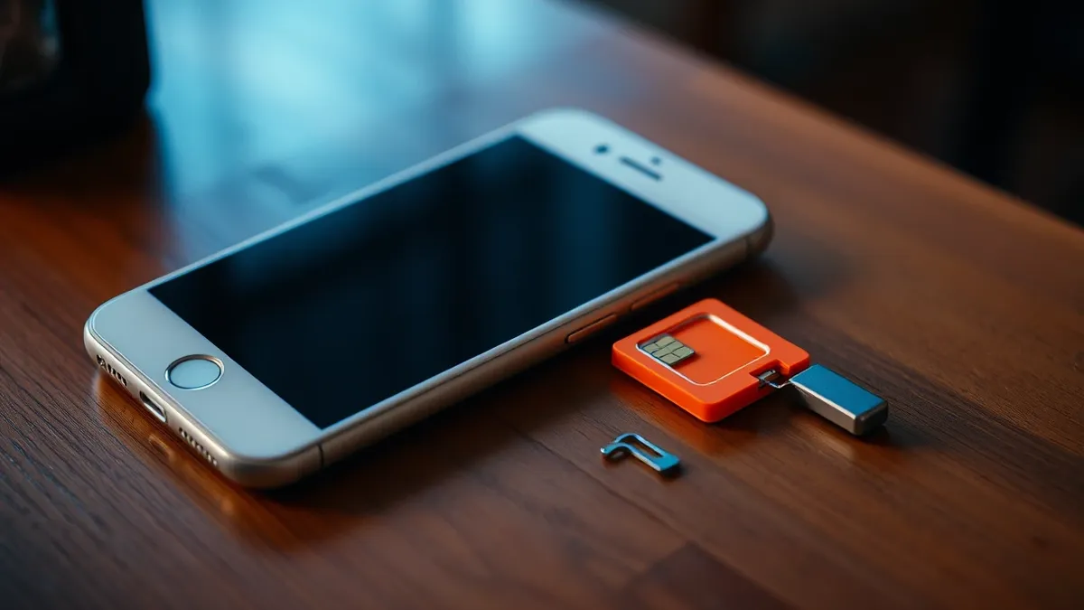 Illustration: A white smartphone rests on a wooden table next to an orange SIM card tray.