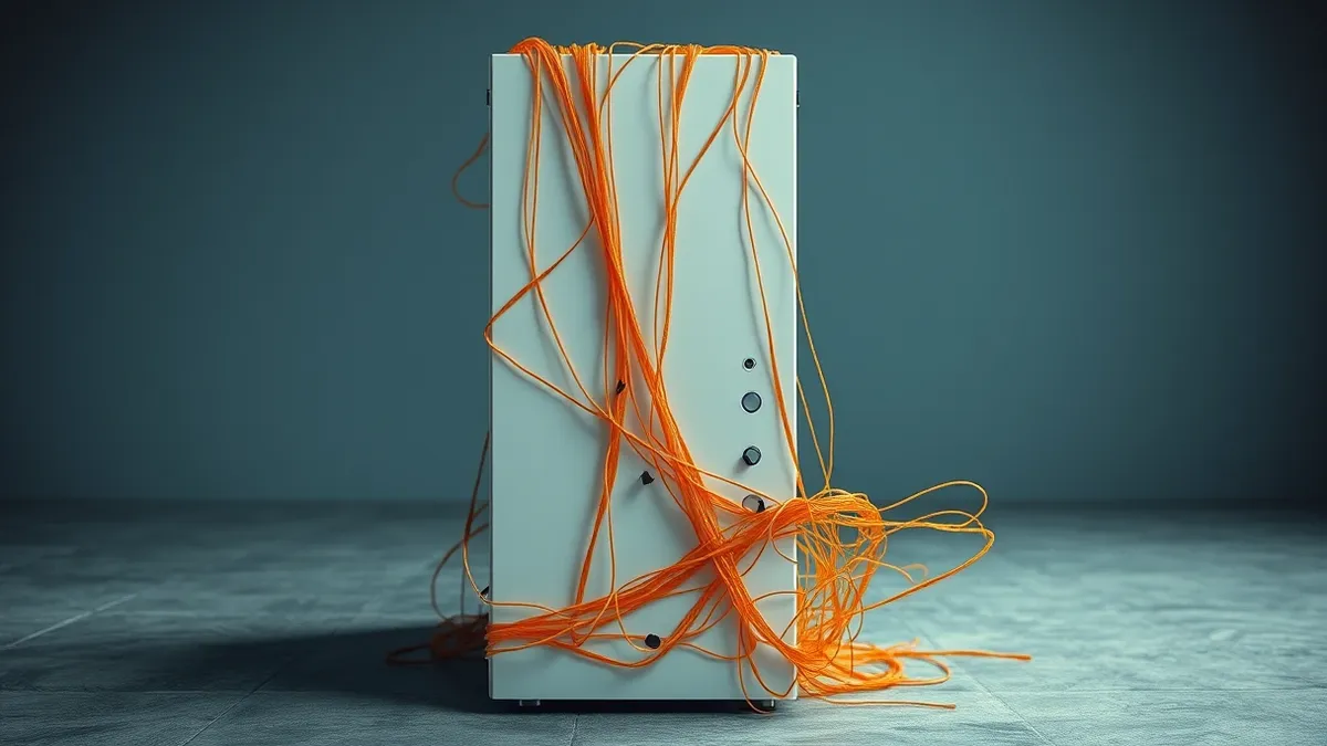 Illustration: A sleek white server tower sits isolated on a concrete floor, its front panel covered in tangled, translucent orange webbing that traps small dark fragments.